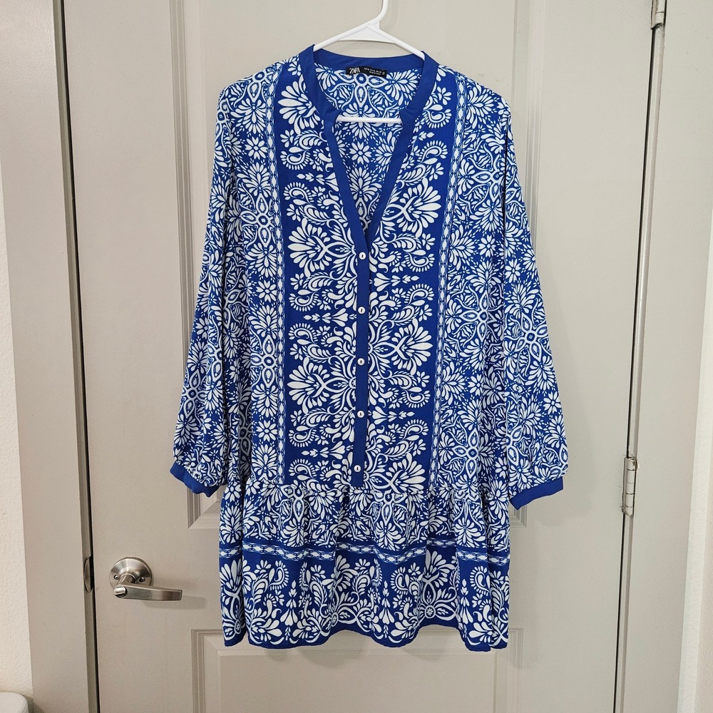 Zara Blue White Floral Paisley Button Front Tiered Tunic Mini Dress Womens XL